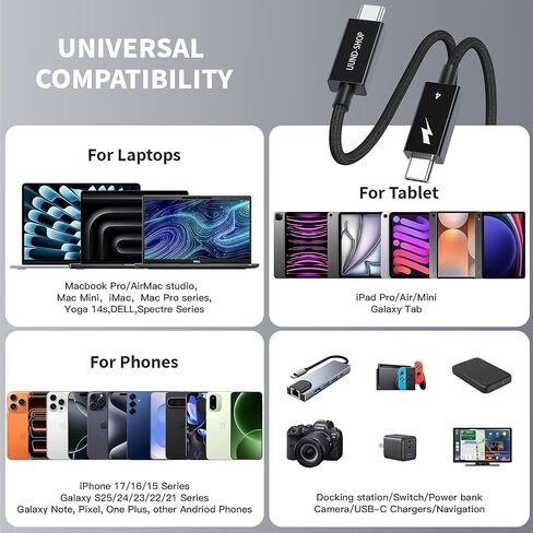 كابل USB4 لـ Thunderbolt 4 بطول 6.6 أقدام، مزامنة بيانات 40 جيجابت في الثانية، شحن سريع 240 وات، شاشة 8K/Dual 4K HD، كابل USB C إلى C منسوج لـ Thunderbolt 4/3، MacBook Pro/Air(M1/M2/M3/M4/M5)، iPhone 17/16/15 in Kuwait