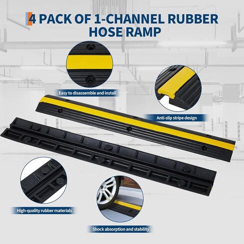 4 Pack of 1-Channel Rubber Cable Protector Ramps, Heavy Duty 22000 Lbs Load Capacity Cord Cover, Cable Wire Cord Cover Ramp, Speed Bump, Driveway Hose Cable Ramp Protective Cover in Saudi Arabia