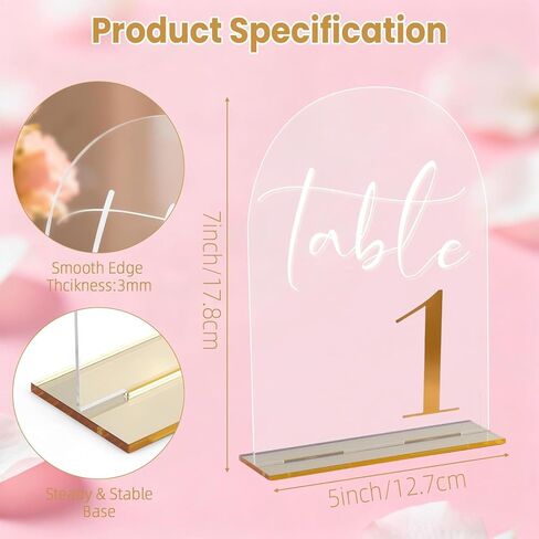Arch Wedding Numbers 1–20 with Stands – Clear Acrylic Signs with Gold Text, Double-Sided 7x5 inch for Wedding Receptions, Parties, Anniversaries, Events in Saudi Arabia