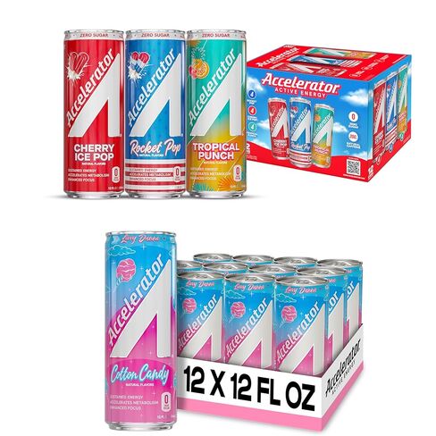 Accelerator Active Energy Drink Sugar Free Zero Carbs – Variety Pack & Cotton Candy, 12oz Can (12 Pack Each) with 200mg Natural Caffeine, Ashwagandha, CoQ10 & Green Tea for Focus & Energy in Saudi Arabia