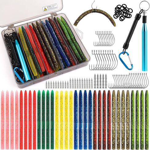 TOPFORT Fishing Lures, Bass Fishing Kit with Wacky Worm, Fishing Worms for Bass Fishing, Soft Plastic Baits with Hooks, Weights, Fishing Accessories, Fishing Gear Fishing Gifts for Men with Tackle Box in Saudi Arabia