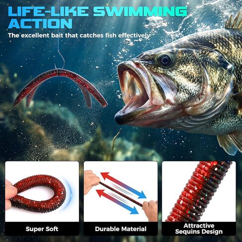 TOPFORT Fishing Lures, Bass Fishing Kit with Wacky Worm, Fishing Worms for Bass Fishing, Soft Plastic Baits with Hooks, Weights, Fishing Accessories, Fishing Gear Fishing Gifts for Men with Tackle Box in Saudi Arabia