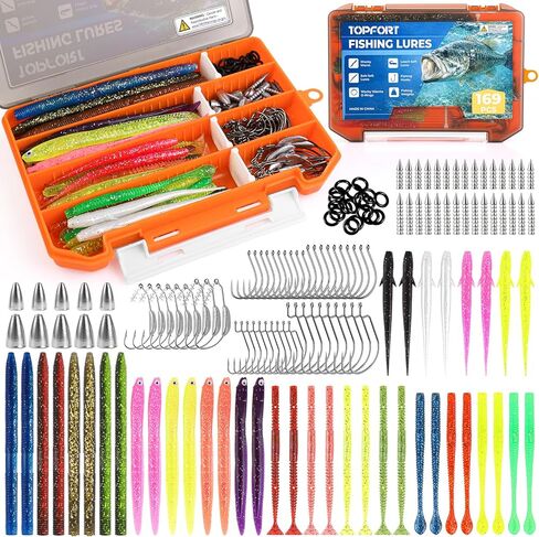 TOPFORT Fishing Lures, Bass Fishing Kit with Wacky Worm, Fishing Worms for Bass Fishing, Soft Plastic Baits with Hooks, Weights, Fishing Accessories, Fishing Gear Fishing Gifts for Men with Tackle Box in Saudi Arabia
