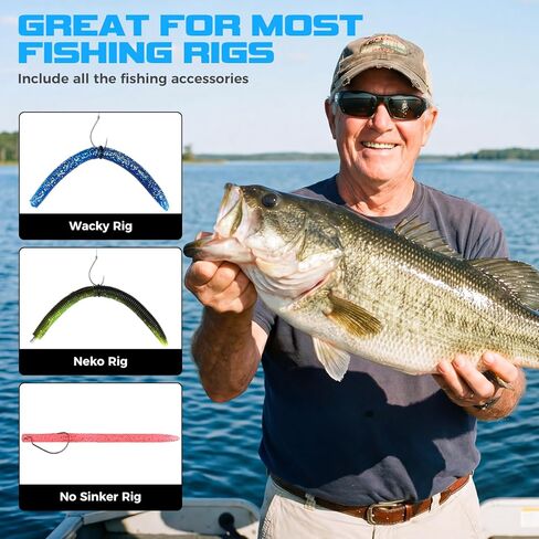 TOPFORT Fishing Lures, Bass Fishing Kit with Wacky Worm, Fishing Worms for Bass Fishing, Soft Plastic Baits with Hooks, Weights, Fishing Accessories, Fishing Gear Fishing Gifts for Men with Tackle Box in Saudi Arabia