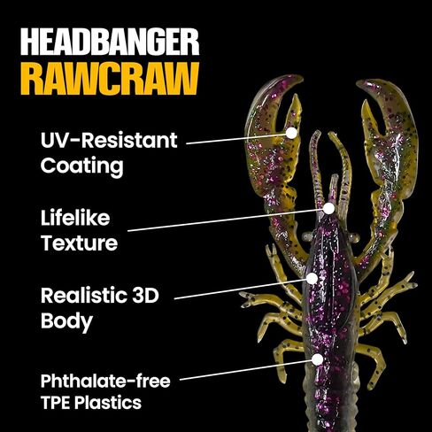 طعم الزحف البلاستيكي الناعم من Headbanger RawCraw لصيد الأسماك - زحف TPE العائم مع مخالب الركل - مقطورة تهزهز متينة وطعم مخلوق لجهاز تكساس (4 قطع / 5 قطع) in Kuwait