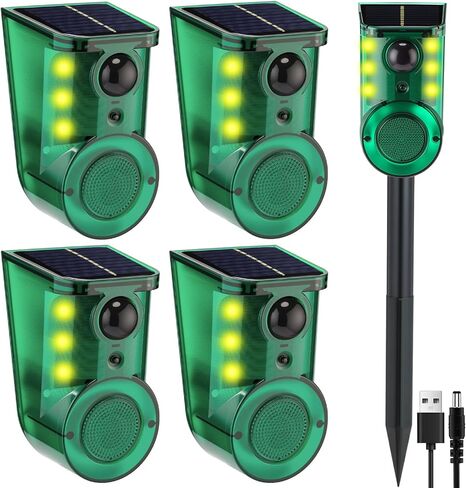 4 Pack Solar Outdoor Ultrasonic Motion Sensor Alarm with Stake, 4-Mode Woking Ultrasound and 129db Loud Noise Alarms Motion Detector with Sensor Strobe Light for Yard, Garden, Farm in Saudi Arabia