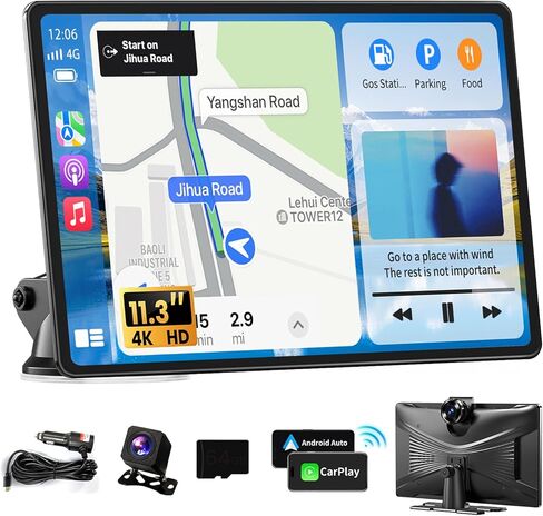 أكبر شاشة Apple Carplay محمولة مقاس 11.3 بوصة، تشغيل السيارة لاسلكيًا وشاشة لمس تلقائية تعمل بنظام Android، ستيريو السيارة مع عرض التطبيق/كاميرا داش 4K/كاميرا احتياطية/وصلة مرآة/تحكم صوتي/تشغيل موسيقى/نظام تحديد المواقع العالمي/بلوتوث/FM in Kuwait