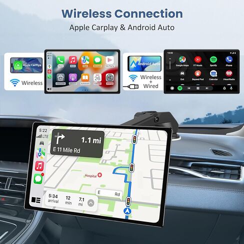 أكبر شاشة Apple Carplay محمولة مقاس 11.3 بوصة، تشغيل السيارة لاسلكيًا وشاشة لمس تلقائية تعمل بنظام Android، ستيريو السيارة مع عرض التطبيق/كاميرا داش 4K/كاميرا احتياطية/وصلة مرآة/تحكم صوتي/تشغيل موسيقى/نظام تحديد المواقع العالمي/بلوتوث/FM in Kuwait