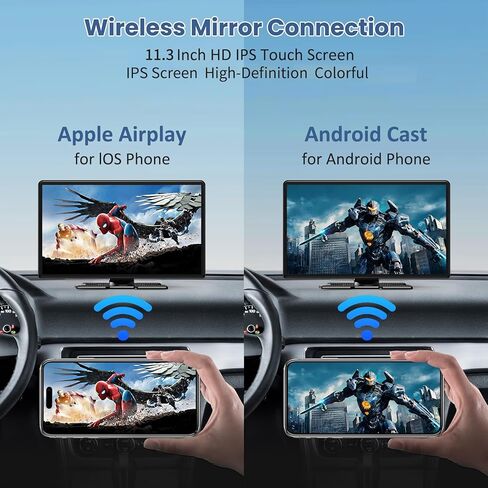 أكبر شاشة Apple Carplay محمولة مقاس 11.3 بوصة، تشغيل السيارة لاسلكيًا وشاشة لمس تلقائية تعمل بنظام Android، ستيريو السيارة مع عرض التطبيق/كاميرا داش 4K/كاميرا احتياطية/وصلة مرآة/تحكم صوتي/تشغيل موسيقى/نظام تحديد المواقع العالمي/بلوتوث/FM in Kuwait