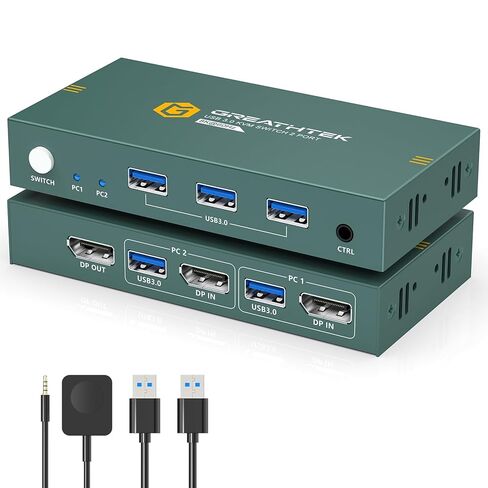 KVM Switch 1 Monitors 2 Computers Displayport 8K@60Hz, USB3.0 KVM Switch Displayport with 3 USB 3.0 Ports EDID Adaptive Sharing Mouse Keyboard and Monitor Plug and Play in Saudi Arabia
