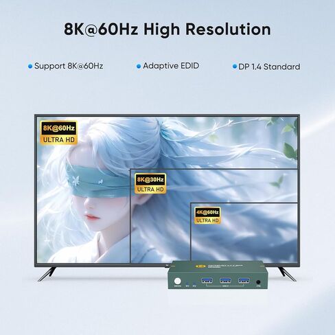 KVM Switch 1 Monitors 2 Computers Displayport 8K@60Hz, USB3.0 KVM Switch Displayport with 3 USB 3.0 Ports EDID Adaptive Sharing Mouse Keyboard and Monitor Plug and Play in Kuwait