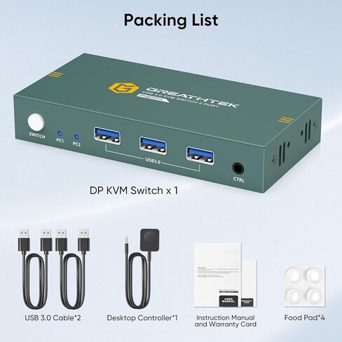 KVM Switch 1 Monitors 2 Computers Displayport 8K@60Hz, USB3.0 KVM Switch Displayport with 3 USB 3.0 Ports EDID Adaptive Sharing Mouse Keyboard and Monitor Plug and Play in Kuwait