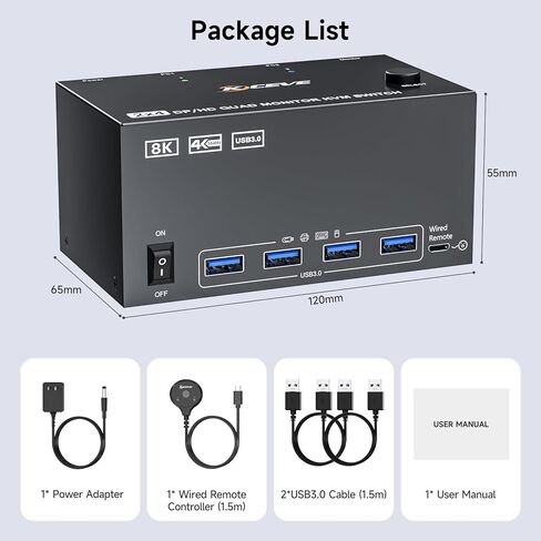 شاشة رباعية KVM Switch 4 شاشات 2 جهاز كمبيوتر 4K120 هرتز/8K@30 هرتز، USB 3.0 KVM Switch شاشة رباعية لجهازين كمبيوتر مشاركة 4 شاشات ولوحة مفاتيح وماوس، مع جهاز تحكم سلكي وكابلات USB، مدخل 2 HD+2 منفذ DP in Kuwait
