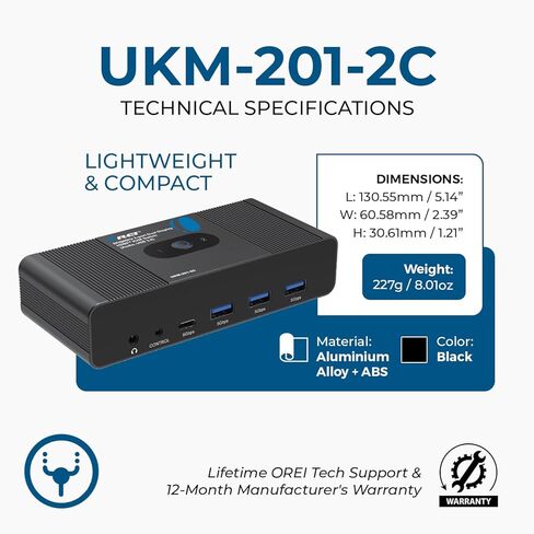 OREI 2x1 8K Dual HDMI & USB-C KVM Switch، 3X Port USB-A، 1x USB-C مشاركة أجهزة متعددة، أجهزة الكمبيوتر المحمولة، الكمبيوتر الشخصي، على شاشتي عرض، التحكم في لوحة المفاتيح، التحكم المحيطي، مخرج صوت تناظري - جهاز تحكم سلكي in Saudi Arabia