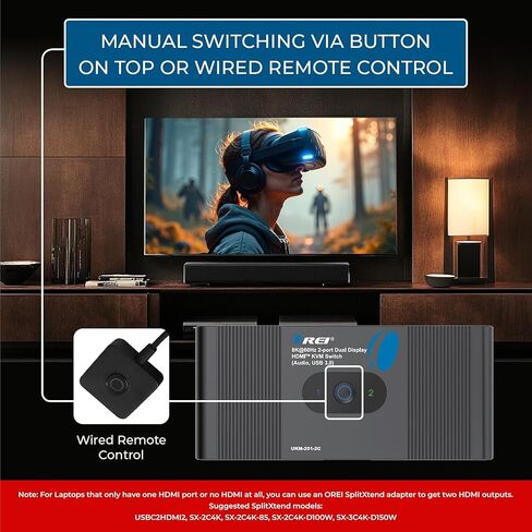 OREI 2x1 8K Dual HDMI & USB-C KVM Switch، 3X Port USB-A، 1x USB-C مشاركة أجهزة متعددة، أجهزة الكمبيوتر المحمولة، الكمبيوتر الشخصي، على شاشتي عرض، التحكم في لوحة المفاتيح، التحكم المحيطي، مخرج صوت تناظري - جهاز تحكم سلكي in Saudi Arabia