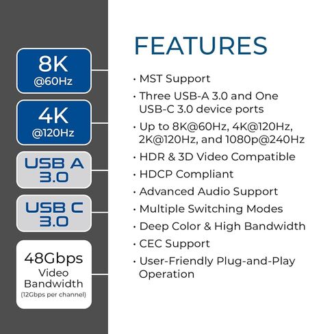 OREI 2x1 8K Dual HDMI & USB-C KVM Switch، 3X Port USB-A، 1x USB-C مشاركة أجهزة متعددة، أجهزة الكمبيوتر المحمولة، الكمبيوتر الشخصي، على شاشتي عرض، التحكم في لوحة المفاتيح، التحكم المحيطي، مخرج صوت تناظري - جهاز تحكم سلكي in Saudi Arabia