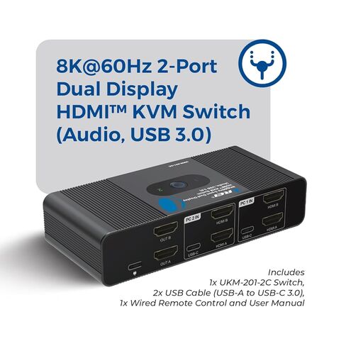 OREI 2x1 8K Dual HDMI & USB-C KVM Switch، 3X Port USB-A، 1x USB-C مشاركة أجهزة متعددة، أجهزة الكمبيوتر المحمولة، الكمبيوتر الشخصي، على شاشتي عرض، التحكم في لوحة المفاتيح، التحكم المحيطي، مخرج صوت تناظري - جهاز تحكم سلكي in Saudi Arabia