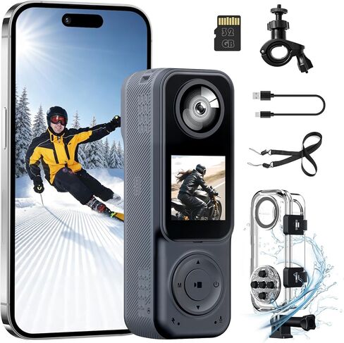 كاميرا الجسم 4K، كاميرا POV Action Cam ثنائية العدسات مقاومة للماء، بطاقة 32 جيجابايت متضمنة، كاميرا فيديو صغيرة يمكن ارتداؤها، اتصال بالهاتف، تسجيل بدون استخدام اليدين للرياضة والسفر وركوب الدراجات النارية in Kuwait