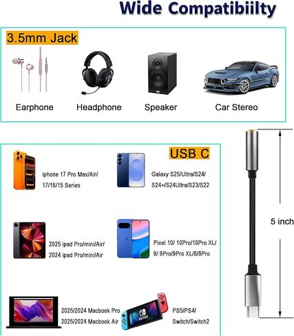محول مقبس سماعة الرأس USB-C إلى 3.5 مم، محول أنثى من النوع C إلى Aux Audio in Kuwait