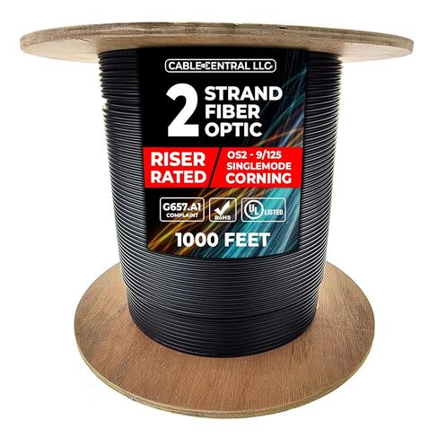 كابل ألياف ضوئية 6 جدائل داخلي/خارجي، OS2 9/125 وضع فردي، Corning SMF-28 Ultra، غير حساس للانحناء، أسود، تصنيف Riser، بكرة، 1000 قدم in Kuwait