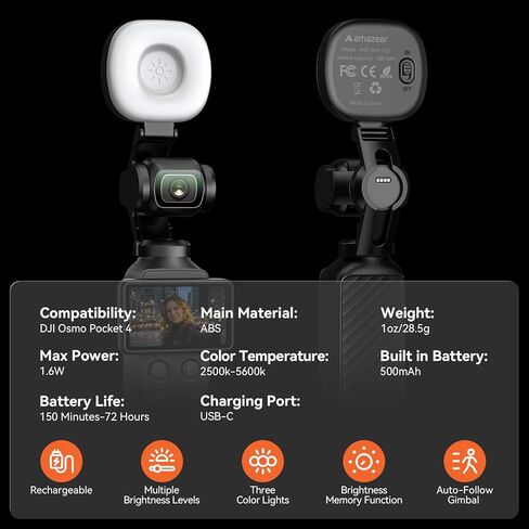 AMAZEAR LED Video Light for DJI OSMO Pocket 4 Accessories, Auto-Follow Gimbal Selfie Vlog Auxiliary Fill Lighting, CRI≥95, 3-Color Temp Brightness Adjustable, 500mAh 1.6W USB-C, Black in Saudi Arabia