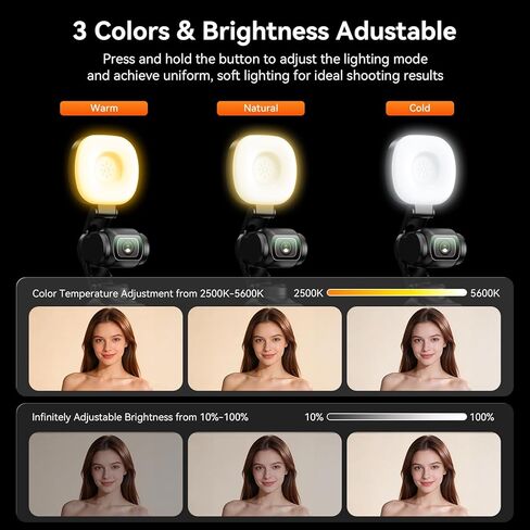 AMAZEAR LED Video Light for DJI OSMO Pocket 4 Accessories, Auto-Follow Gimbal Selfie Vlog Auxiliary Fill Lighting, CRI≥95, 3-Color Temp Brightness Adjustable, 500mAh 1.6W USB-C, Black in Saudi Arabia