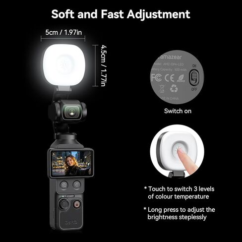 AMAZEAR LED Video Light for DJI OSMO Pocket 4 Accessories, Auto-Follow Gimbal Selfie Vlog Auxiliary Fill Lighting, CRI≥95, 3-Color Temp Brightness Adjustable, 500mAh 1.6W USB-C, Black in Saudi Arabia