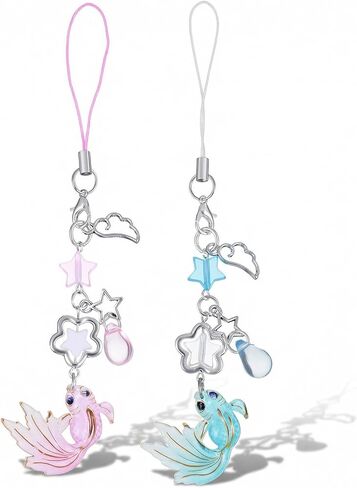 2Pcs Koi Fish Phone Charms, Aesthetic Fish Y2k Keychain, String Rope Charms for Phone Case Camera Bag, Water Drops Stars Wing Lanyard Strap Pendants Phones Decorations(Black+White) in Kuwait