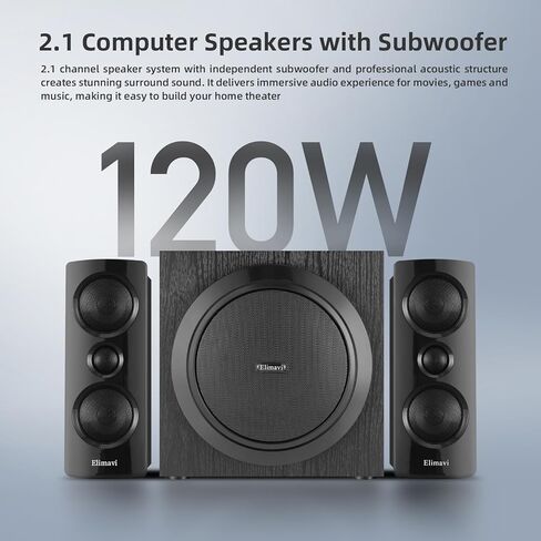 Elimavi Computer Speakers with Subwoofer, 2.1 PC Speakers with Powerful Bass and 120W Peak Power,Bluetooth 5.3, Aux/RCA/Optical/Coaxial,in for Desktop, Monitor, Gaming in Saudi Arabia