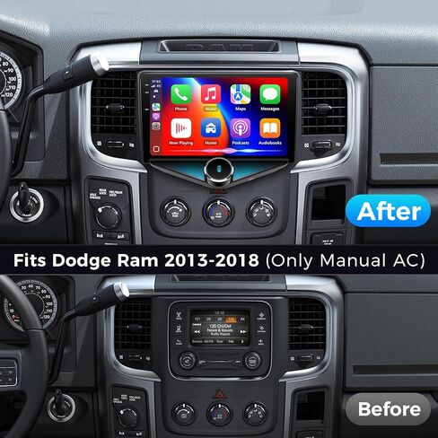 ستيريو سيارة لـ Dodge RAM 1500 2500 3500 2013 2014 2015 2016 2017 2018 مع CarPlay اللاسلكي وAndroid Auto، 9 بوصة QLED Android 14 راديو السيارة، 4G Ram 64G ROM (تناسب فقط التيار المتردد اليدوي) in Kuwait