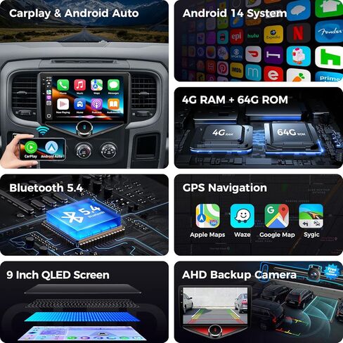 ستيريو سيارة لـ Dodge RAM 1500 2500 3500 2013 2014 2015 2016 2017 2018 مع CarPlay اللاسلكي وAndroid Auto، 9 بوصة QLED Android 14 راديو السيارة، 4G Ram 64G ROM (تناسب فقط التيار المتردد اليدوي) in Kuwait