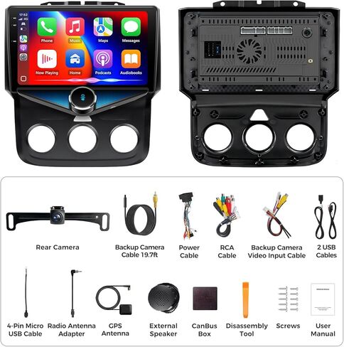 ستيريو سيارة لـ Dodge RAM 1500 2500 3500 2013 2014 2015 2016 2017 2018 مع CarPlay اللاسلكي وAndroid Auto، 9 بوصة QLED Android 14 راديو السيارة، 4G Ram 64G ROM (تناسب فقط التيار المتردد اليدوي) in Kuwait