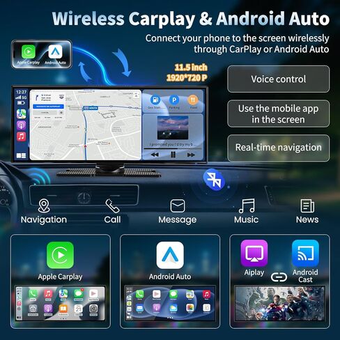 شاشة A-pple Carplay لاسلكية للسيارة، أكبر شاشة لمس 11.5 بوصة Carplay وAndroid Auto Car Stereo مع كاميرا داش 4K وكاميرا احتياطية 1080P، التحكم الصوتي/ نظام تحديد المواقع العالمي (GPS) / وصلة مرآة / بلوتوث / AUX / FM in Kuwait