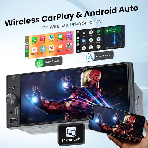 6.9“Single Din Radio Car Stereo with Apple CarPlay & Android Auto, Car Radio UHD in-Cell Touchscreen, 1080P Backup Camera, Mirror Link, Bluetooth 5.3, GPS, AM&FM, USB & Type-C Fast Charging, EQ, SWC in Saudi Arabia