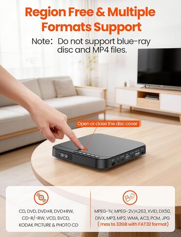 DESOBRY DVD Players for TV - Portable Mini DVD Player with 1080P HDMI Upscaling, DVD CD Player for Home that Plays All Regions and Formats, Support AV Output, USB/TF Card Input, Built-in PAL/NTSC in Saudi Arabia