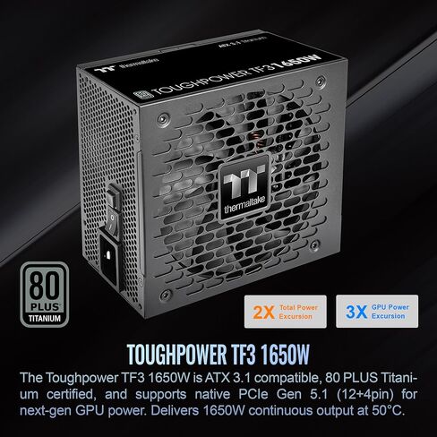 Thermaltake Toughpower TF3 1650W; ATX 3.1; x2 Native PCIe 5.1 12V-2x6; Dual-Color H++ Connectors; Multi/Single Rail OCM Toggle; 100% Japanese Capacitors; 80 Plus Titanium; PS-TPD-1650FNFATU-1 in Saudi Arabia