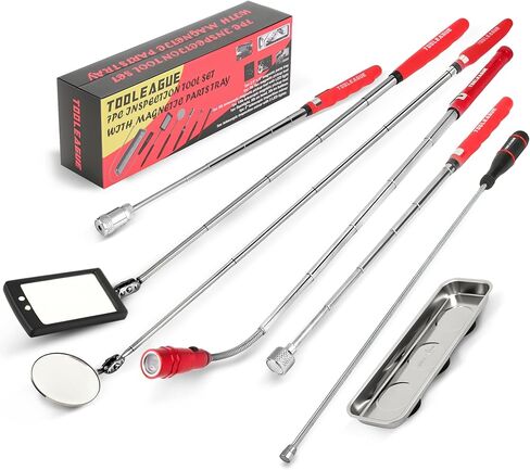 TOOLEAGUE 7Pcs Telescoping Magnetic Pickup Tool Set, Extendable LED Flashlight,Round & Square 360° Inspection Mirror for Men Mechanics, and Handymen, Red in Saudi Arabia