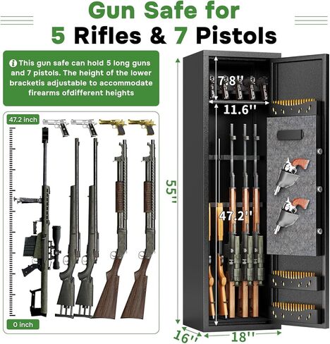 7-14 Gun Safes for Home Rifle and Pistols, Large Gun Storage Cabinet, Shotgun Safes, Safe Quick-Access Long Gun & Ammunition, Removable Gun Racks, with Dual Alarm & Mute Mode,13.7"W x 11.8"D x 57"H in Saudi Arabia