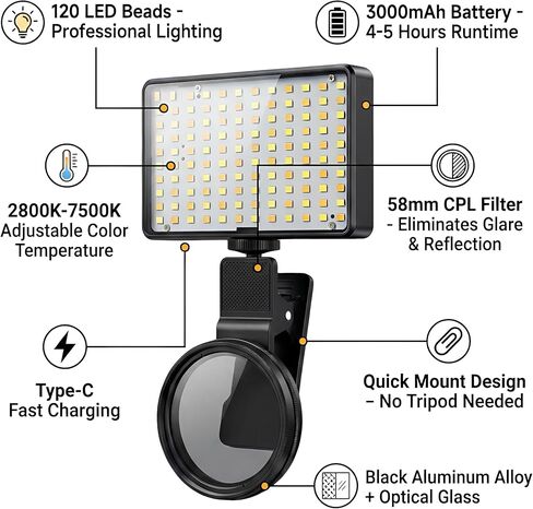 مجموعة إضاءة LED للوشم مع 120 خرزة LED وعدسة مرشح CPL مقاس 58 مم - إعداد سريع لمعدات الوشم، ضوء سيلفي للبث المباشر عبر الهاتف المحمول، والتقاط صور الوشم وتسجيل الفيديو in Saudi Arabia
