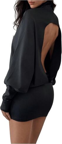 GORGLITTER Women's Dolman Open Back Bodycon Mini Dress Long Sleeve Turtleneck Sexy Fashion Club Party Dresses in Saudi Arabia