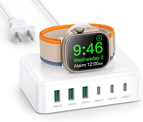 قاعدة شحن لهاتف iPhone وساعة Apple، قاعدة شحن سريعة USB C بقوة 125 وات، محول سفر صغير 7 في 1 مع 6 منافذ لهاتف iPhone 17/16/15/14/13، مغناطيسي لاسلكي لـ iWatch SE/11/10/9/8/7/6/5/4- أبيض in Kuwait