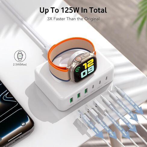 قاعدة شحن لهاتف iPhone وساعة Apple، قاعدة شحن سريعة USB C بقوة 125 وات، محول سفر صغير 7 في 1 مع 6 منافذ لهاتف iPhone 17/16/15/14/13، مغناطيسي لاسلكي لـ iWatch SE/11/10/9/8/7/6/5/4- أبيض in Kuwait
