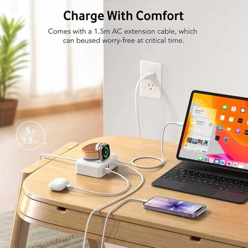 قاعدة شحن لهاتف iPhone وساعة Apple، قاعدة شحن سريعة USB C بقوة 125 وات، محول سفر صغير 7 في 1 مع 6 منافذ لهاتف iPhone 17/16/15/14/13، مغناطيسي لاسلكي لـ iWatch SE/11/10/9/8/7/6/5/4- أبيض in Kuwait