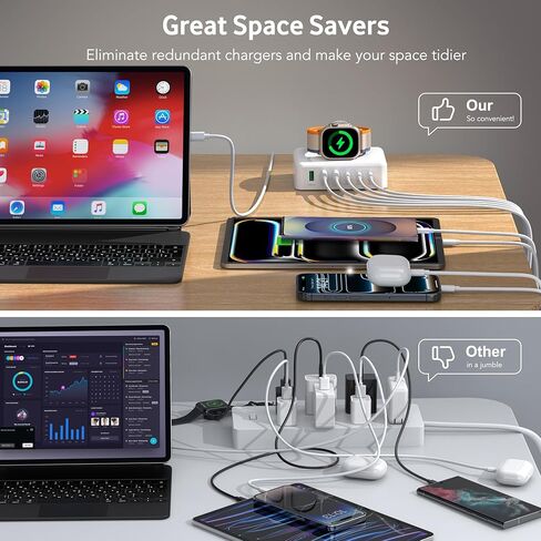 قاعدة شحن لهاتف iPhone وساعة Apple، قاعدة شحن سريعة USB C بقوة 125 وات، محول سفر صغير 7 في 1 مع 6 منافذ لهاتف iPhone 17/16/15/14/13، مغناطيسي لاسلكي لـ iWatch SE/11/10/9/8/7/6/5/4- أبيض in Kuwait