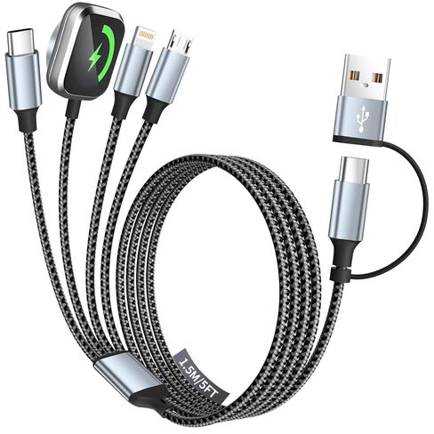 كابل شحن متعدد 4 في 2 من Travel Essentials لشاحن iWatch (عبوة من قطعتين بطول 5 أقدام)، كابل/سلك شاحن متعدد USB A/USB C لجميع الأجهزة المتوافقة مع iWatch Ultra/SE/10-1، iPhone 16-11، Android، المزيد in Kuwait