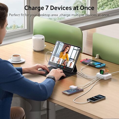 قاعدة شحن لهاتف iPhone وساعة Apple، قاعدة شحن سريعة USB C بقوة 125 وات، محول سفر صغير 7 في 1 مع 6 منافذ لهاتف iPhone 17/16/15/14/13، مغناطيسي لاسلكي لـ iWatch SE/11/10/9/8/7/6/5/4- أبيض in Kuwait