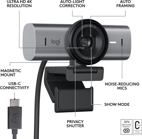 كاميرا ويب Logitech MX Brio Ultra HD 4K مع ميكروفونات لتقليل الضوضاء وجودة صورة محسنة بالذكاء الاصطناعي وحامي للخصوصية واتصال USB-C - جرافيت in Saudi Arabia