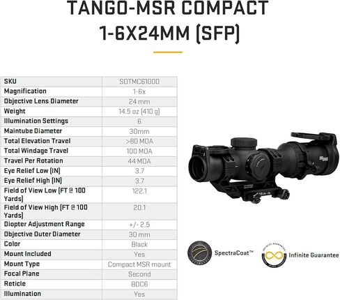 SIG SAUER Tango-MSR Compact LPVO 1-6x24 30mm أنبوب المستوى البؤري الثاني / SFP / F2 مقاوم للصدمات مقاوم للماء التكتيكي Riflescope | شبكة BDC-6 مضيئة، حامل Alpha-MSR، أغطية قابلة للطي، SOTMC61000 in Saudi Arabia