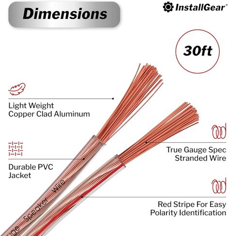سلك مكبر صوت InstallGear بطول 30 قدمًا وقياس 14 - سلك نحاسي شفاف لصوت السيارة والمسرح المنزلي والصوت المحيطي - سترة PVC متينة - معرف قطبية سهل - كابل مكبر صوت مرن in Kuwait