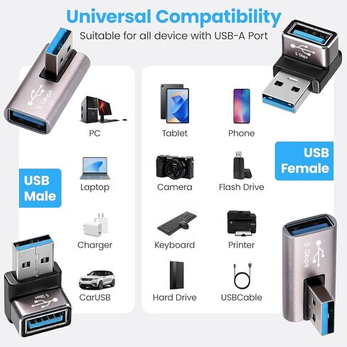 Right Angle USB Adapter 4-Pack OTG 90 Degree USB 3.0 Male to Female Connector (Left & Right, Up & Down), Support Charge and Data Sync (5GBps) for PC, Laptpo, Mouse, Keyboard and More in Saudi Arabia